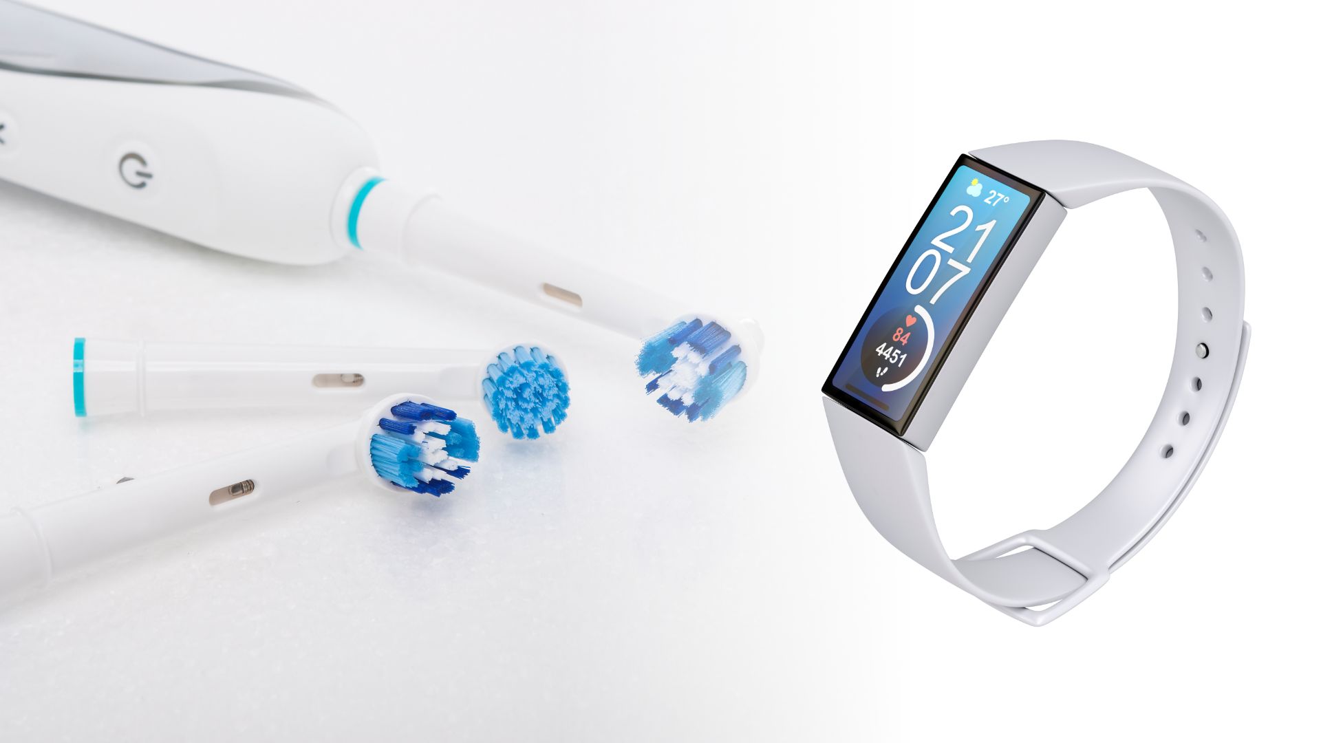 A picture of Fitness trackers and Electric Tooth brushes. These devices utilise lithium-ion batteries.